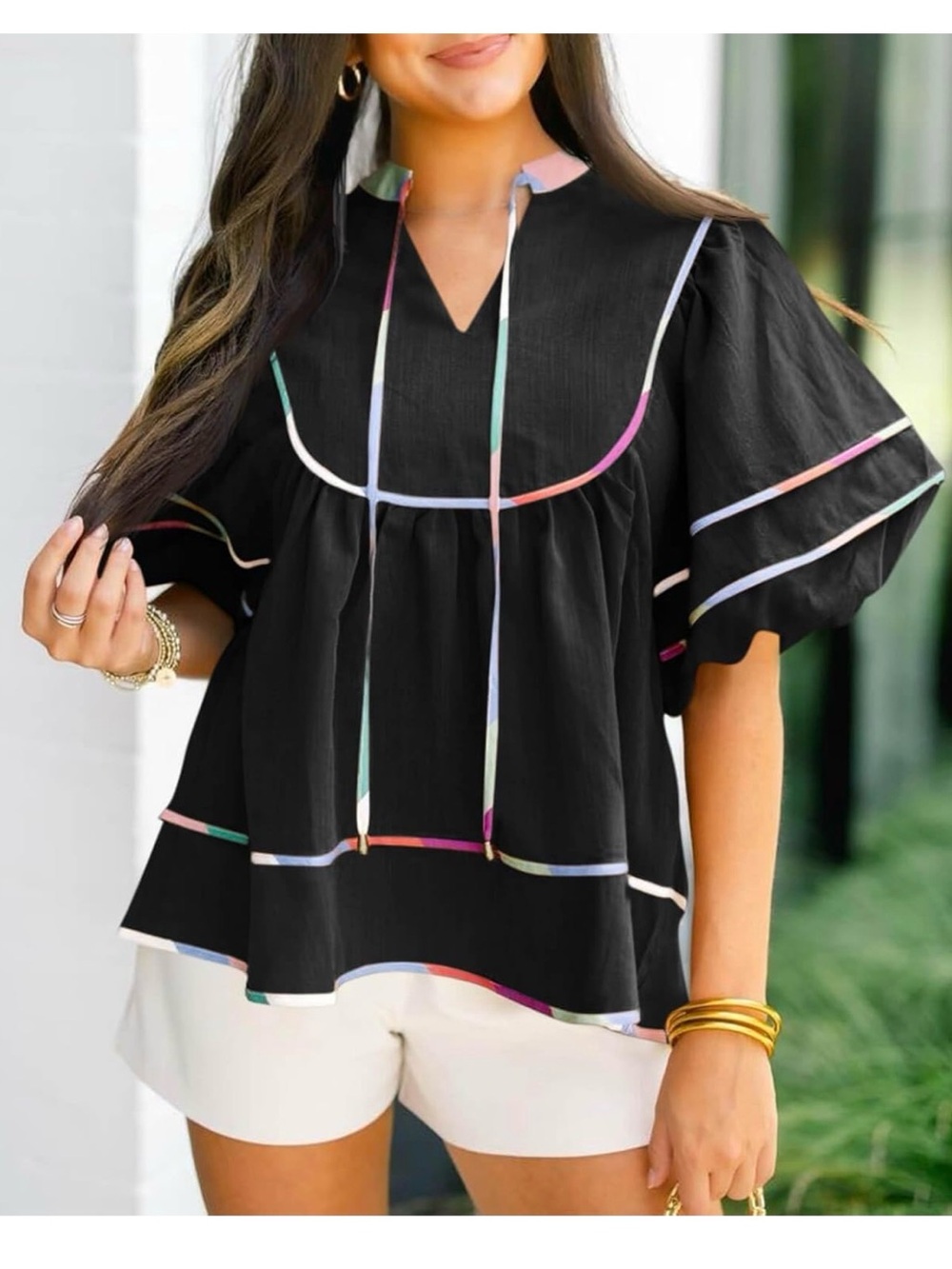 Cicy Bell Babydoll Blouse with Lantern Sleeves, Black/Multi, Size M